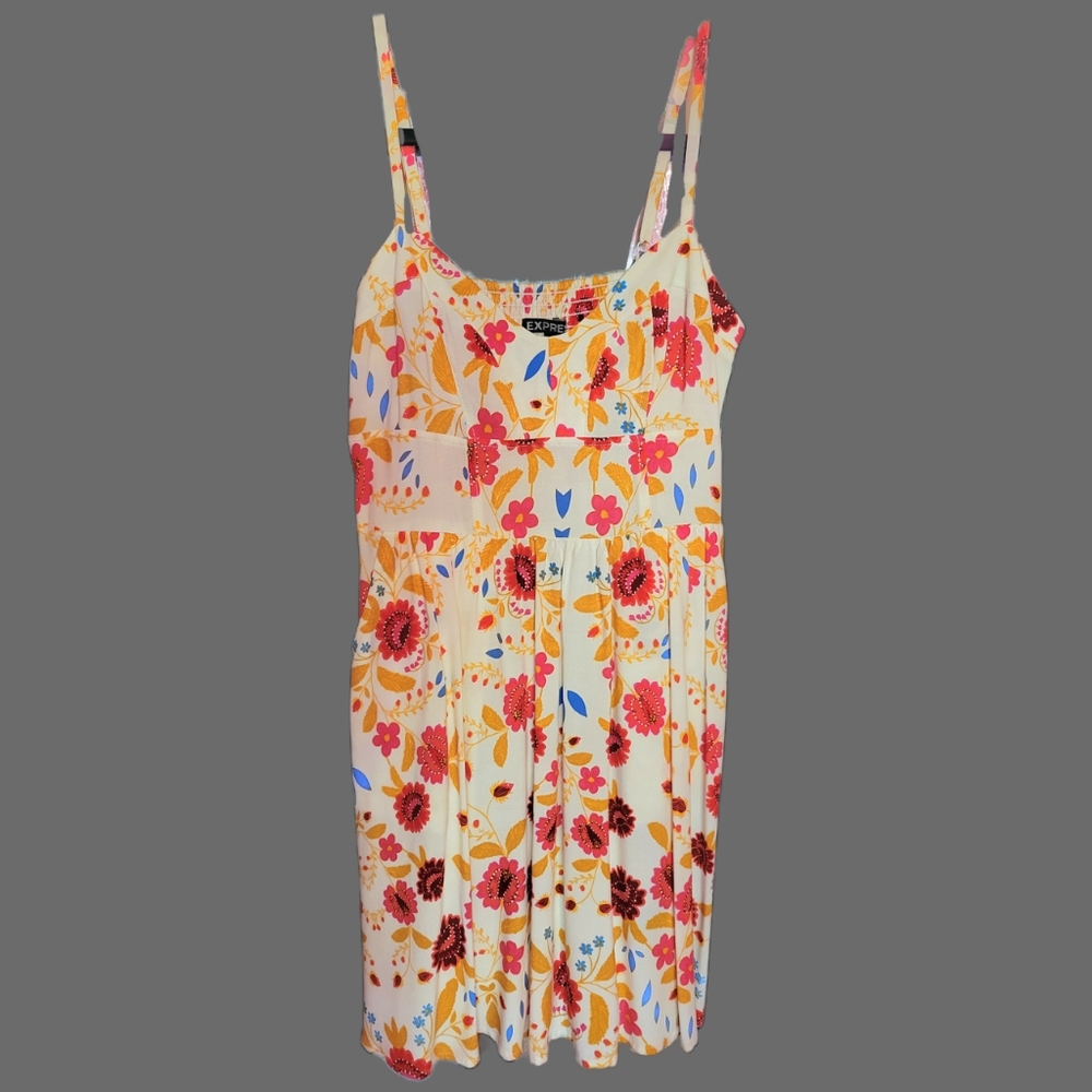 EXPRESS XS Floral White Pink Yellow & Blue Adjustable Spaghetti Strap Sun Dress